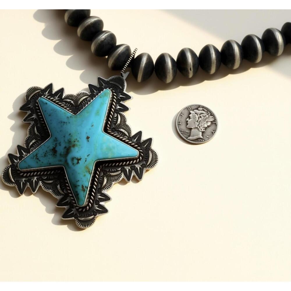 Native American Kingman Turquoise Star Pendant & Navajo 12 mm Pearl Necklace - Picture 4 of 9